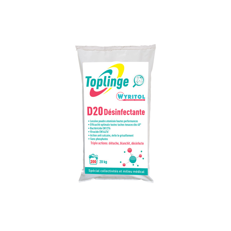Lessive poudre D20 désinfectante - 20kg - TOPLINGE Lessive poudre D20 désinfectante - 20kg - TOPLINGE